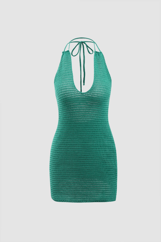 2023 Halter Neck Backless Knit Mini Dress Green S in Knit Dress Online ...