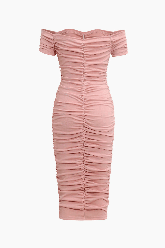 Ruched Off The Shoulder Bodycon Midi Dress – LovelyKayley